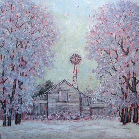 Snowy landscape with barn and windmill