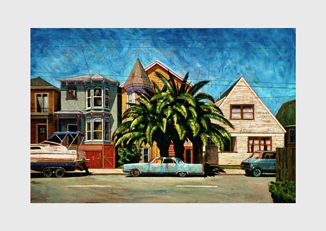 West Oakland street scene.  Old Victorian houses, palm trees, a vintage auto and a cruiser parked at the curb 