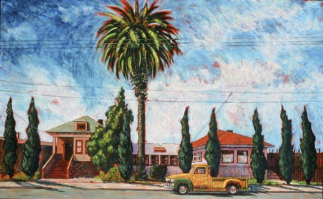Old yellow truck parked on Linden Street. Cypress trees parade across the scene, and a lone palm dominates the sky.