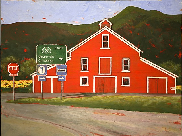 Red barn in field of yellow mustard, Highway 128 sign, CA landscape