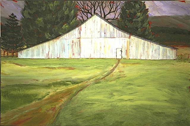 White barn, green meadow, purple sky, california landscape