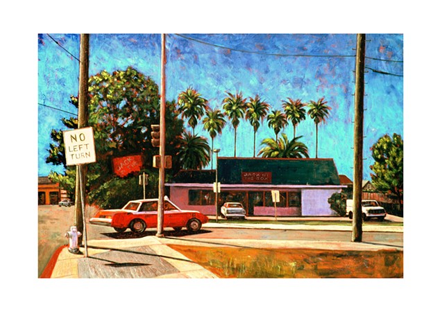 Oakland Street scene. A taxi rounds the corner of 54th and Telegraph Avenue, across the street is Jack In the Box, with a row of palms parading behind it.. 