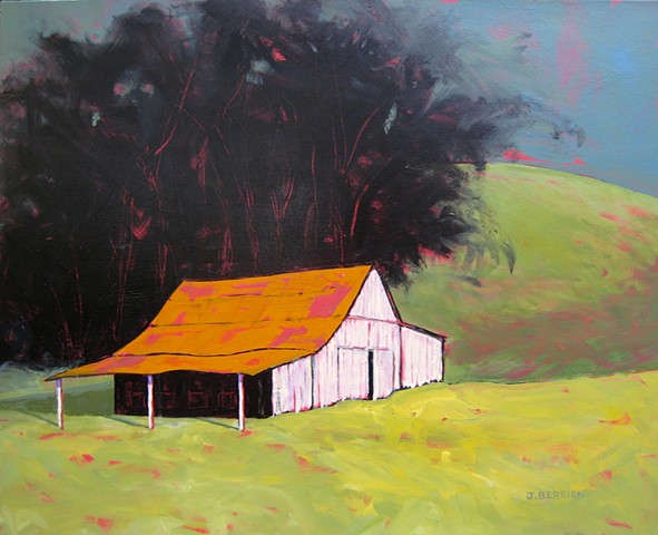 Landscape with little white barn, eucalyptus trees behind