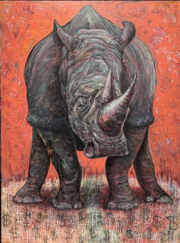 Rhino with head bowed on a blood red background, standing in a field of $$$.