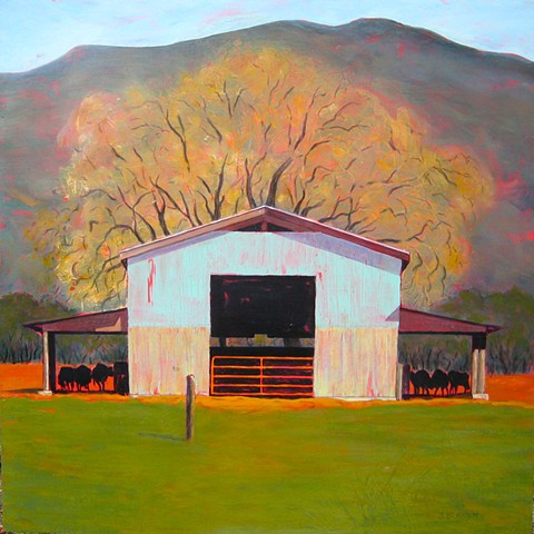 Barn with cattle, green pasture, valley oak in spring bud,  CA landscape