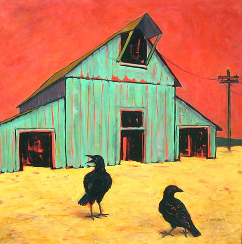 Expressionistic color, blue barn with crows, small family farms threatened