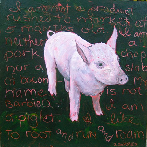 A piglet, factory farmed, declares "I am not a product..."