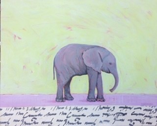 Baby elephant, orphaned by poachers? Aqua and pink background with collaged border
