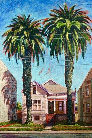 Urban landscape with Victorian house and palm trees. West Oakland street scene.