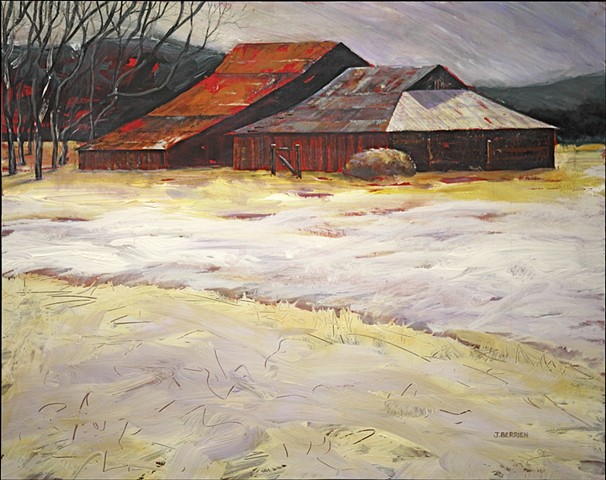 Barns in a winter landscape, snowy field, expressionistic color
