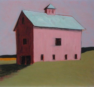 Pink barn with cupola on grassy hill