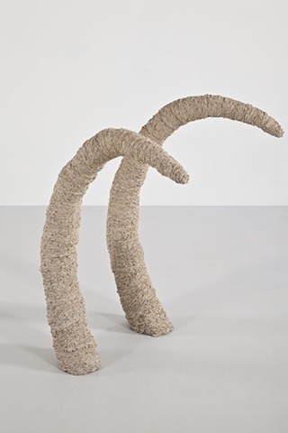 Clay sculpture by artist Paul March entitled Extended Phenotype 1, resembling 2 elephant tusks