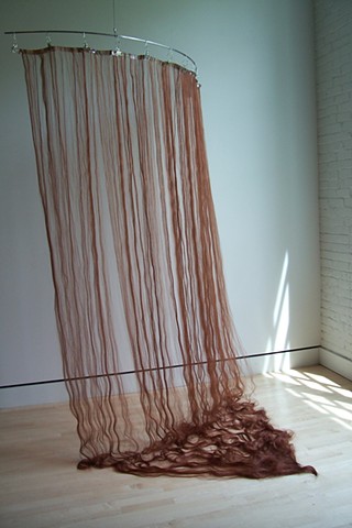 hair curtain, shower curtain hair, hair curtain sculpture