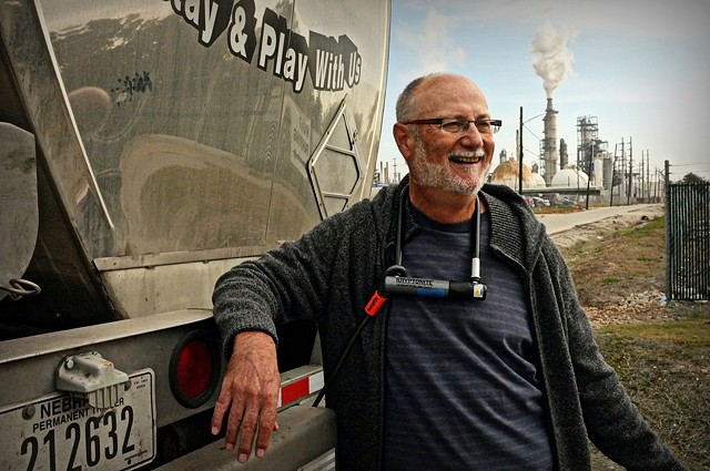 Bob locks down to a truck at a Valero refinery in Houston, TX in solidarity with Tar Sands Blockade