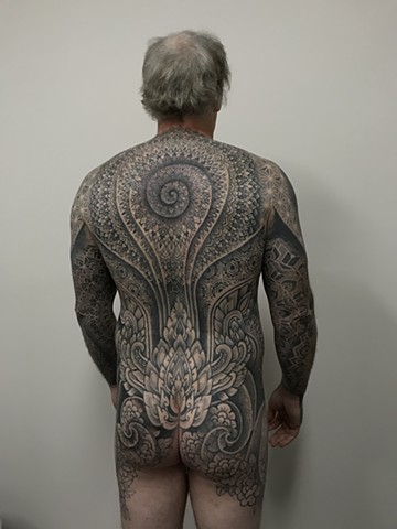 Dotwork body suit mandala geometric patterns by Alvaro Flores from La Flor Sagrada Tattoo