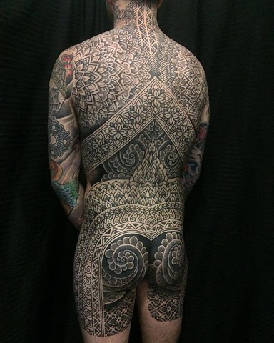 Patterns and mandalas back piece by Alvaro Flores Tattooer. Korpus, Melbourne. Australia