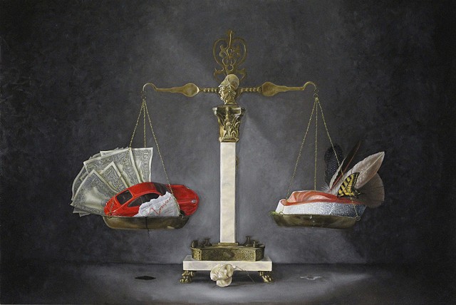 still life, realism, oil painting, classical art, figurative, balancing scale, oil, petroleum, cars, money, salmon, feathers, water, economy