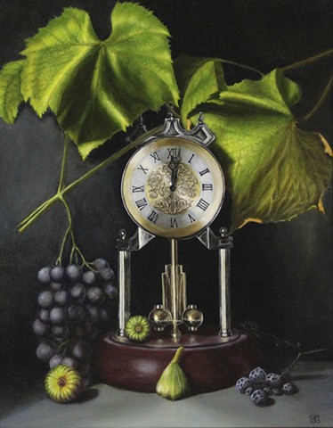 still life, realism, oil painting, classical art, grapes, figs, clocks, figurative