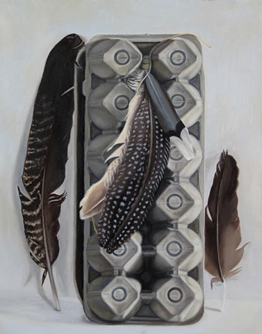 realist oil painting egg carton feathers