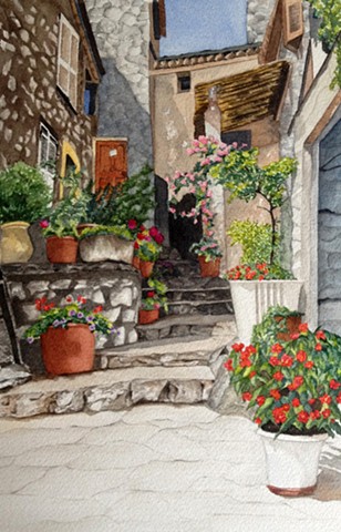 Steps in Taormina, Sicily in watercolor