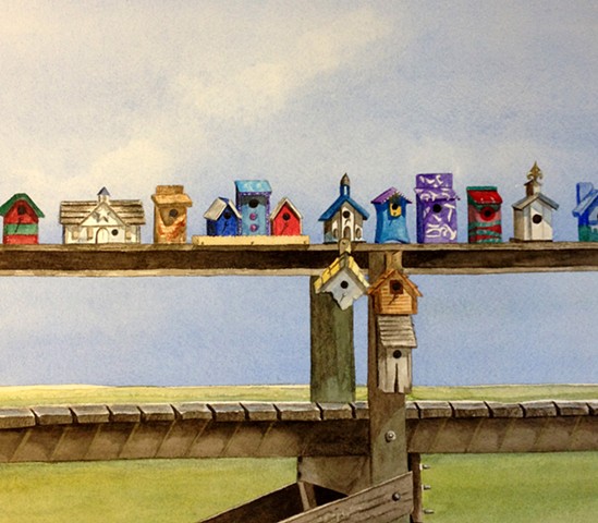 Bird houses along a pier near the beach in watercolor