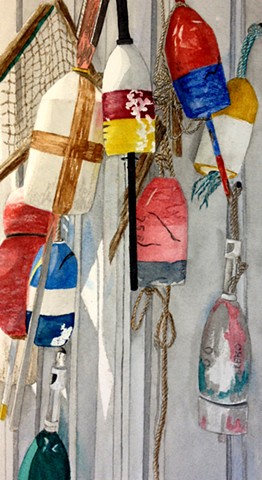 Buoys on weathered shed in watercolor
