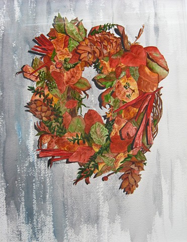 Fall wreath on barnboard in watercolor