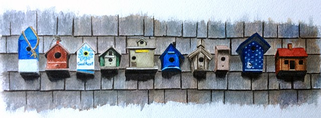 Bird houses on weathered shingles in watercolor