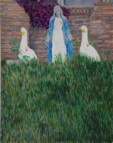 Mary and Geese(wearing red AIDS/HIV awareness ribbons)