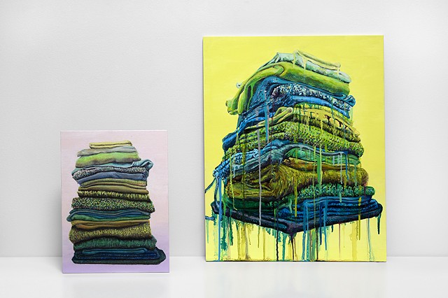 Installation View: Left = Green Stack 1 (Sitting Pretty), Right = Corner Stack of Green on Yellow (Big Squeeze)
