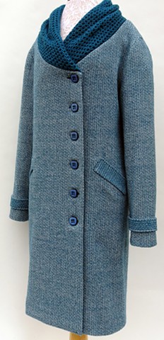 Handwoven herringbone twill coat with Brighton honeycomb shawl collar. Garment design and construction by Susan Stowell.