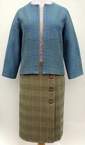 Handwoven in two different twill block patterns. Garment design and construction by Karen.