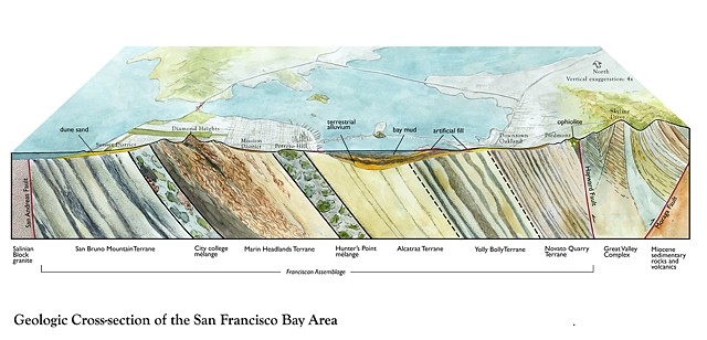 Geologic Cross-section of the San Francisco Bay Area Franciscan Assemblage watercolor by Emily Underwood Geologic illustration