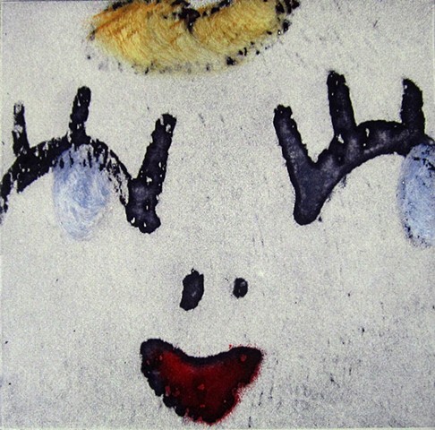 Solar plate etching prints of the faces of dolls and other toys by artist  Alison Overton