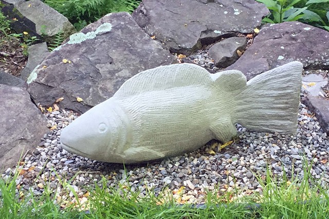 limestone, stone carving, fish carving, Judith Kepner Rose, garden sculpture