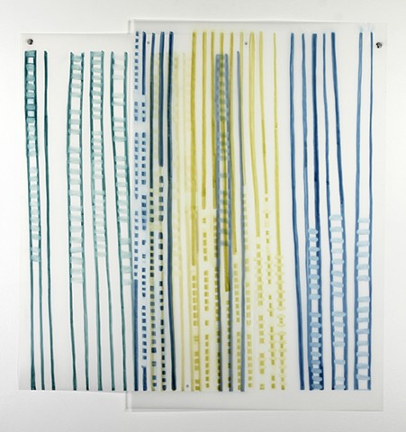 Blue, green, and yellow abstract drawing based on pi, marker on Dura-Lar, by Yvette Kaiser Smith