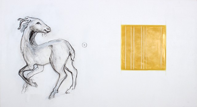Drawing of deer figurine and beeswax square on panel by Yvette Kaiser Smith