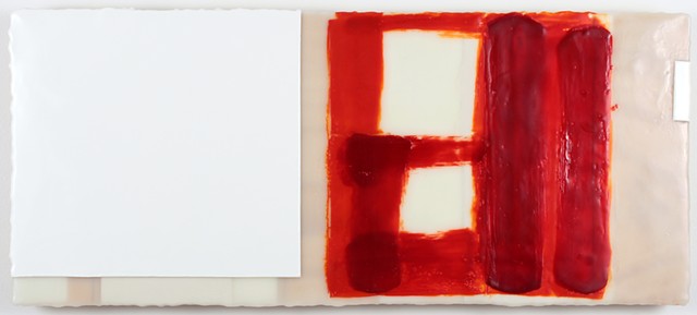 Minimal geometric red white encaustic on panel by Yvette Kaiser Smith