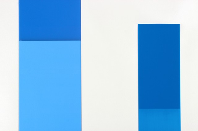 Blue and white geometric abstraction in acrylic and vinyl by Yvette Kaiser Smith
