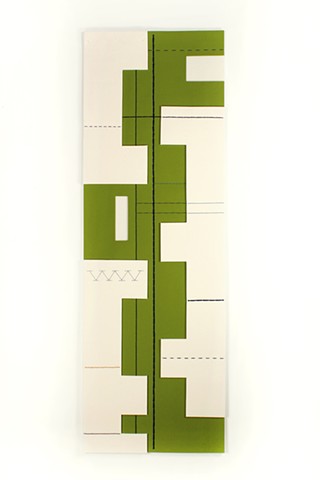 green and cream geometric composition with blue stitching by Y Kaiser Smith