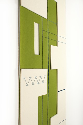 green and cream geometric composition with blue stitching by Y Kaiser Smith