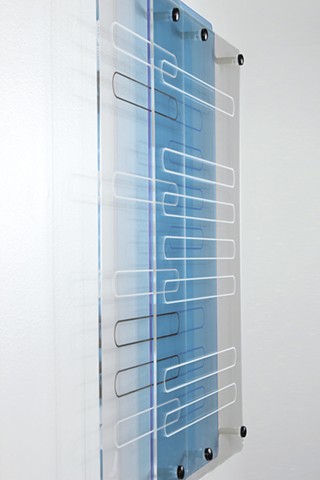 Geometric abstraction in laser-cut fluorescent blue and clear acrylic based on sequence from e by Yvette Kaiser Smith