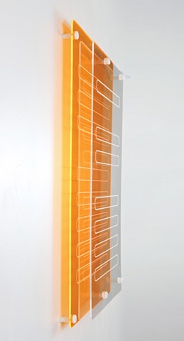 Geometric abstraction in laser-cut fluorescent orange and clear acrylic based on sequence from e by Yvette Kaiser Smith