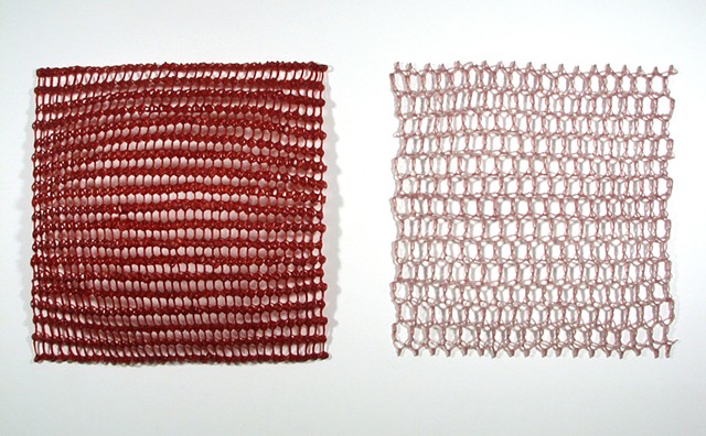 Crocheted fiberglass and polyester resin wall sculpture of grids by Yvette Kaiser Smith