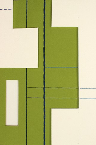 green and cream geometric composition with blue stitching by Y Kaiser Smith