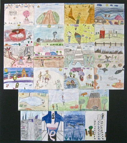 Display of 5th grade Fantasy Narrative Journey Postcards, color pencil on 5 x 7 paper
