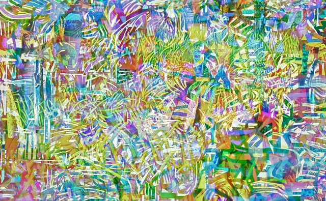 A computer-altered digital photograph of a stained glass window.