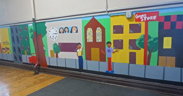 Student planned and created mural about communities at Maternity Blessed Virgin Mary elementary school, Chicago 2013