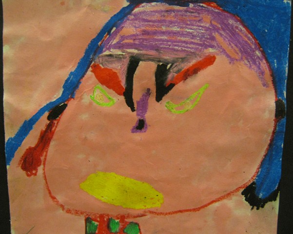 Expressive 1st grade self-portrait created with oil pastels and watercolors