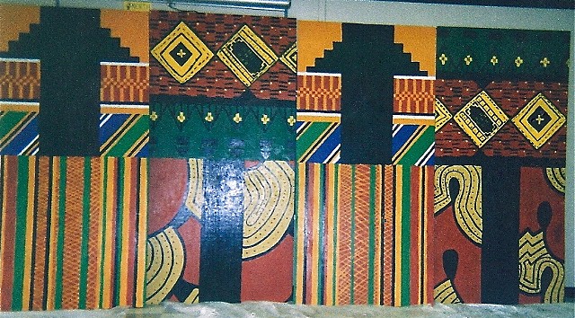 3rd grade Kente cloth designed mural on wooden panels